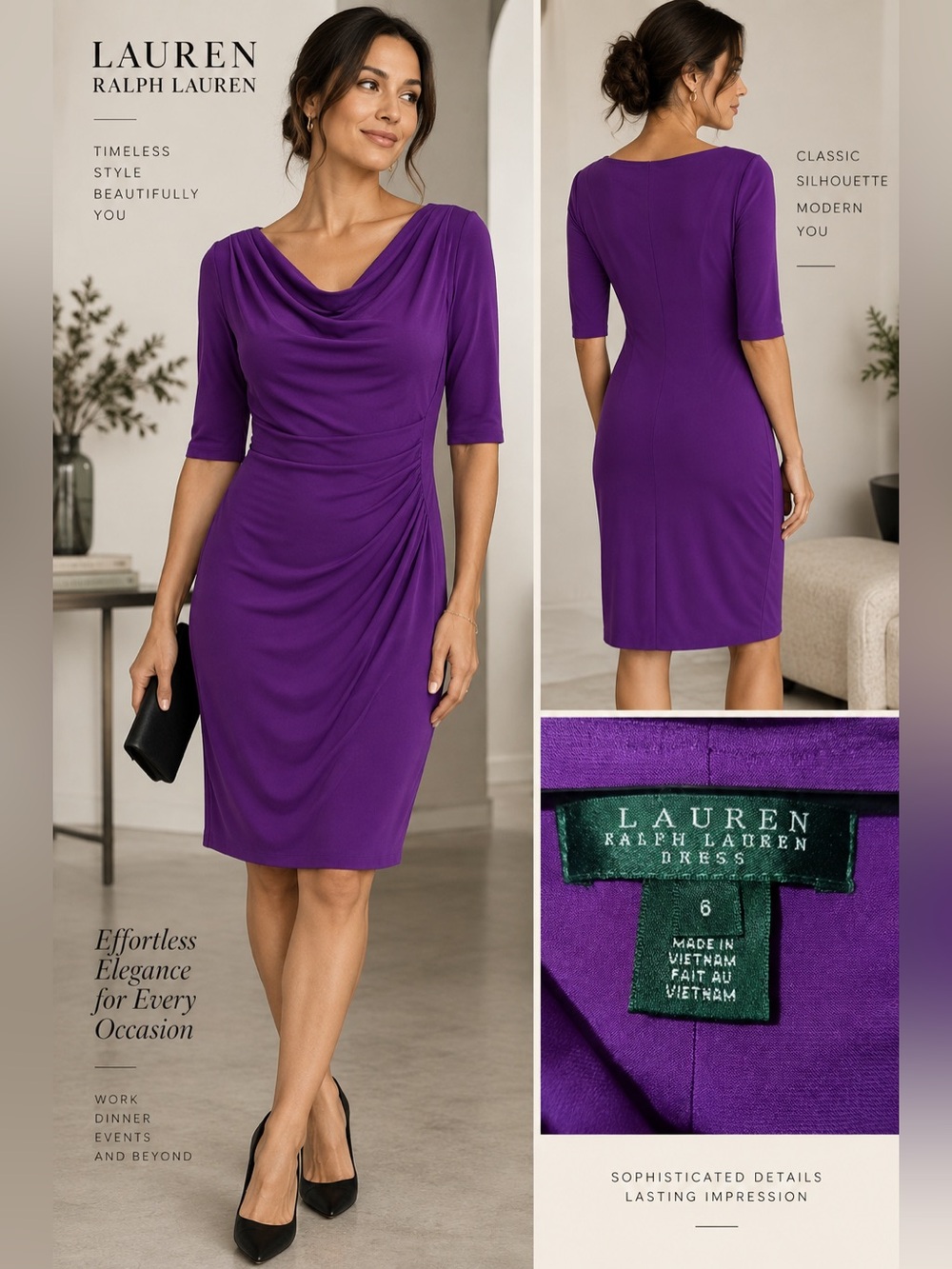 Lauren Ralph Lauren Royal Purple Cowl Neck Midi Dress